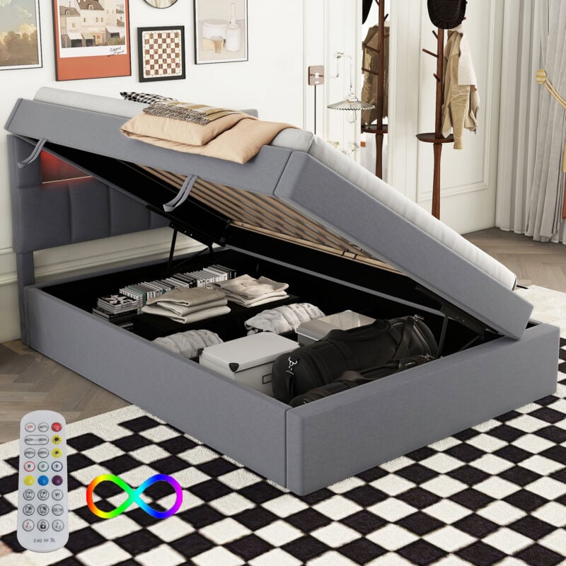 Okwish - Lit coffre 90x200 cm lit simple rembourré avec éclairage led et tête de lit réglable, en velous gris, sans matelas