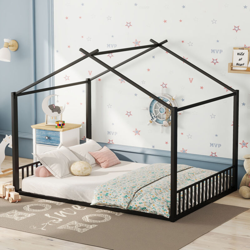 Okwish - Lit simple d'enfant 140x200cm lit double à cadre en fer, en forme de maison, noir