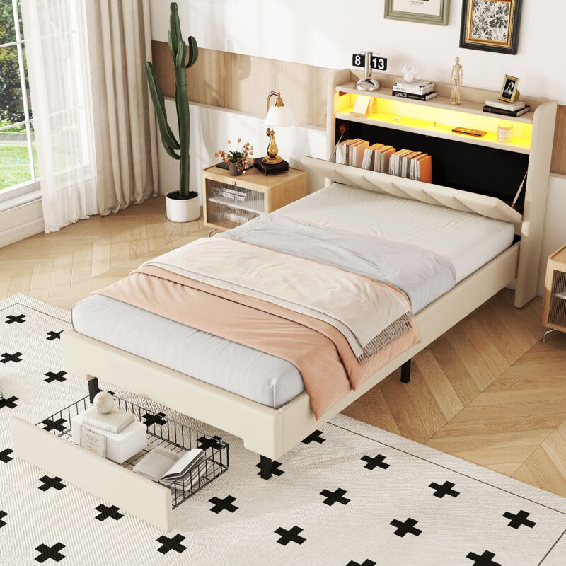 Redom - Lit simple rembourré 90x200 cm, lit jeune led avec prise usb et tête de lit avec rangement, tiroirs, beige, sans matelas