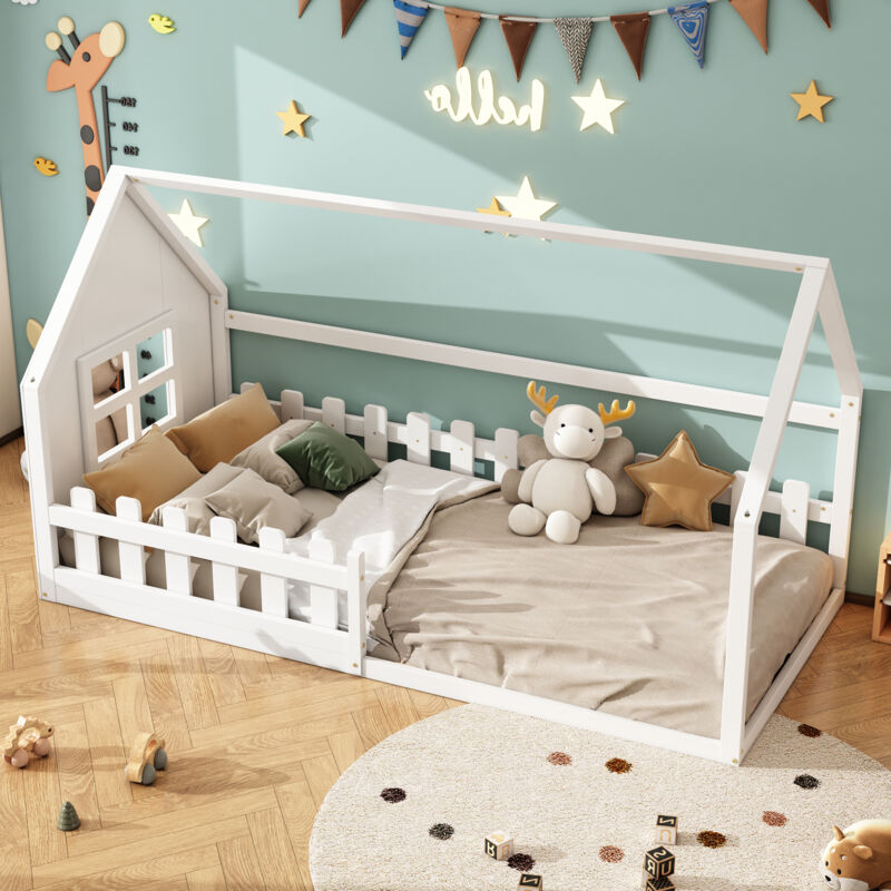 Okwish - Lit cabane 90x200 cm, lit simple d'enfant avec barriéres de sécurité, cadre de lit en pin et mdf, couleur blanc, sans matelas