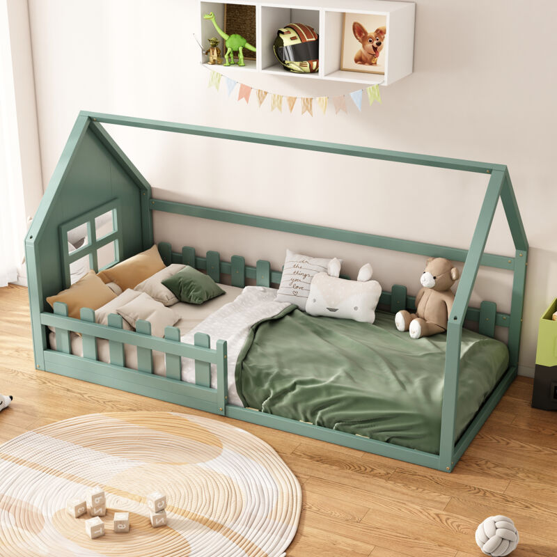 Okwish - Lit cabane 90x200 cm, lit simple d'enfant avec barriéres de sécurité, cadre de lit en pin et mdf, couleur vert, sans matelas