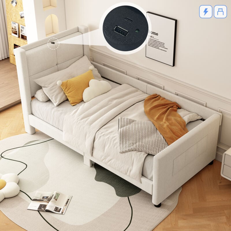 Redom - Lit plat 90200cm, rembourré, avec port usb, design minimaliste, beige