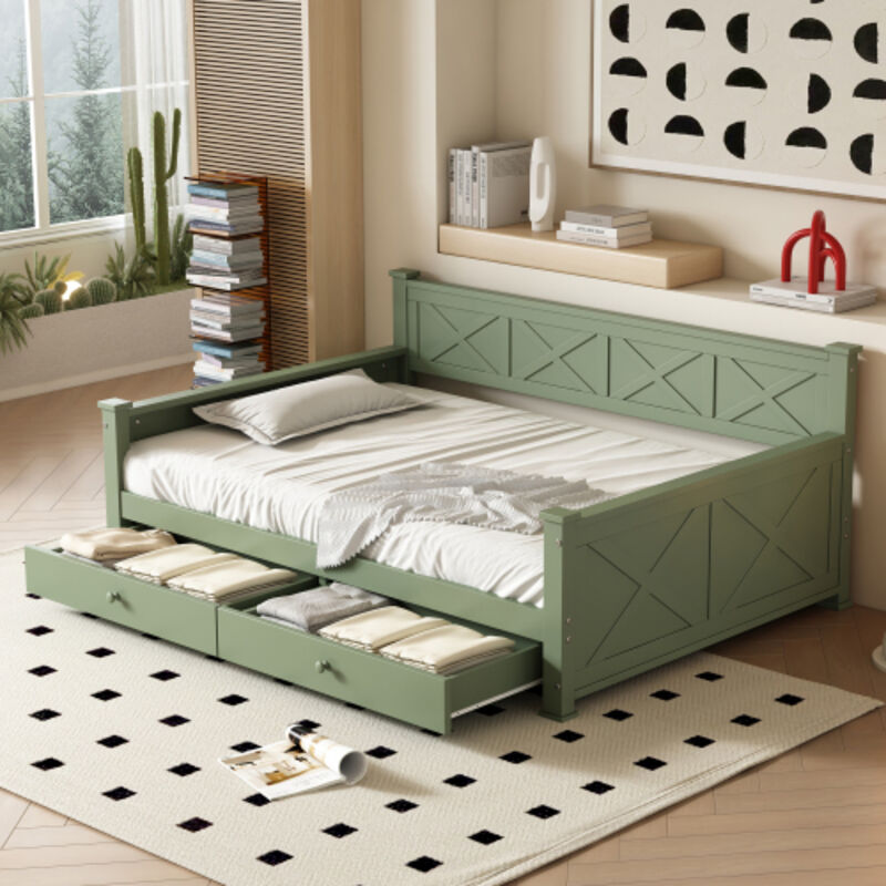 Okwish - Canapé-lit 90x200 cm lit simple avec sommier à lattes et 2 tiroirs, style minimaliste, en pin, vert, sans matelas
