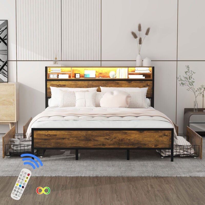 Wishdor - Lit double Lit enfant 180 x 200 cm avec led, port de chargement usb, 4 tiroirs - marron