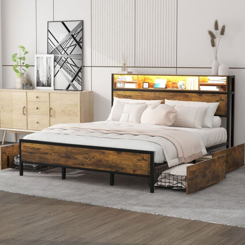 Lit plat avec sommier à lattes, tête de lit et port de charge usb, métal, brun - 180 x 200 cm