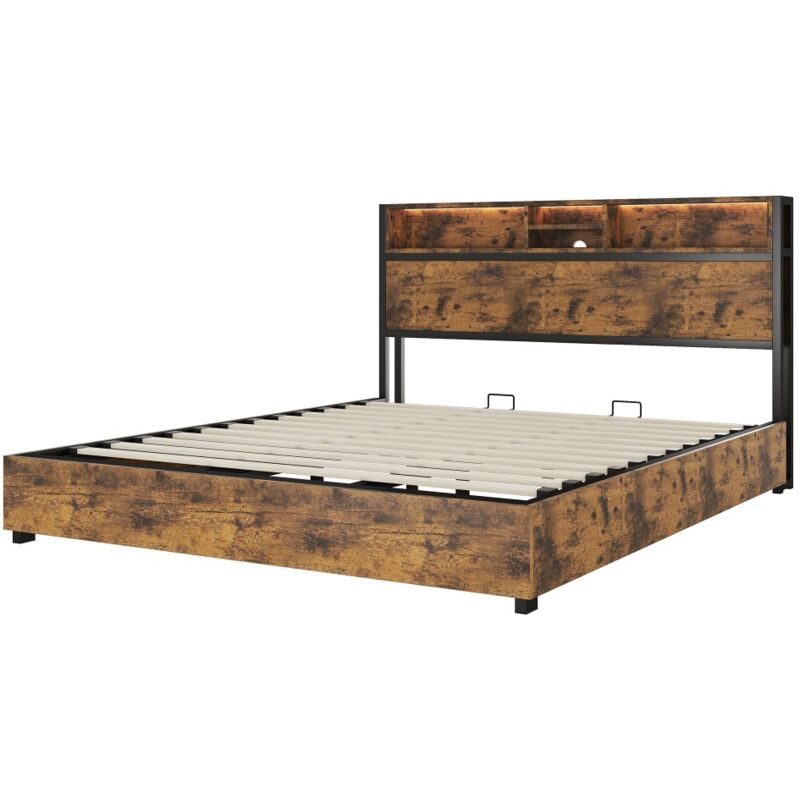 Gutent - Lit plat, brun, grand espace de rangement en dessous, mécanisme de levage hydraulique, éclairage d'ambiance led à couleurs changeantes