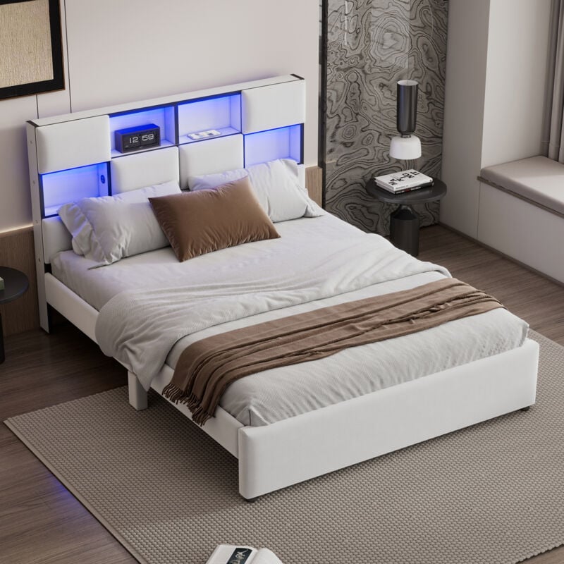 Lit plat lit adulte, lit double, lumière d'ambiance réglable, multiples rangements sur le côté du lit, port usb, beige, 140x200cm