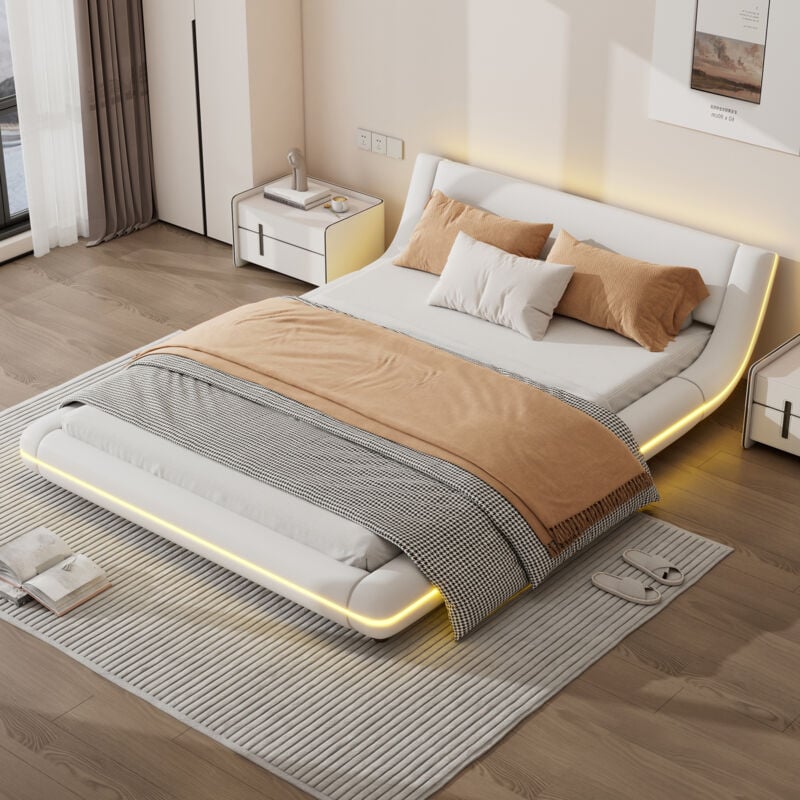 Lit adulte, lit double, lumière ambiante led, télécommande 24 touches, pu, blanc - 140x200cm, sans matelas