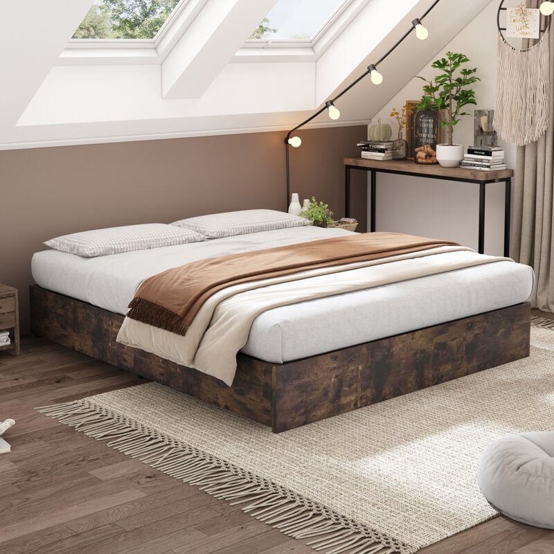 Lit plat, Lit en métal, 140 x 200 cm, Lit en fer, Quatre tiroirs, Pas de tête de lit, Marron foncé