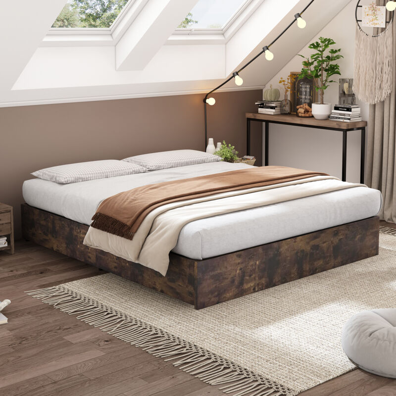 Okwish - Lit plat, lit en métal, 140 x 200 cm, lit en fer, sans matelas, quatre tiroirs, sans tête de lit, marron foncé