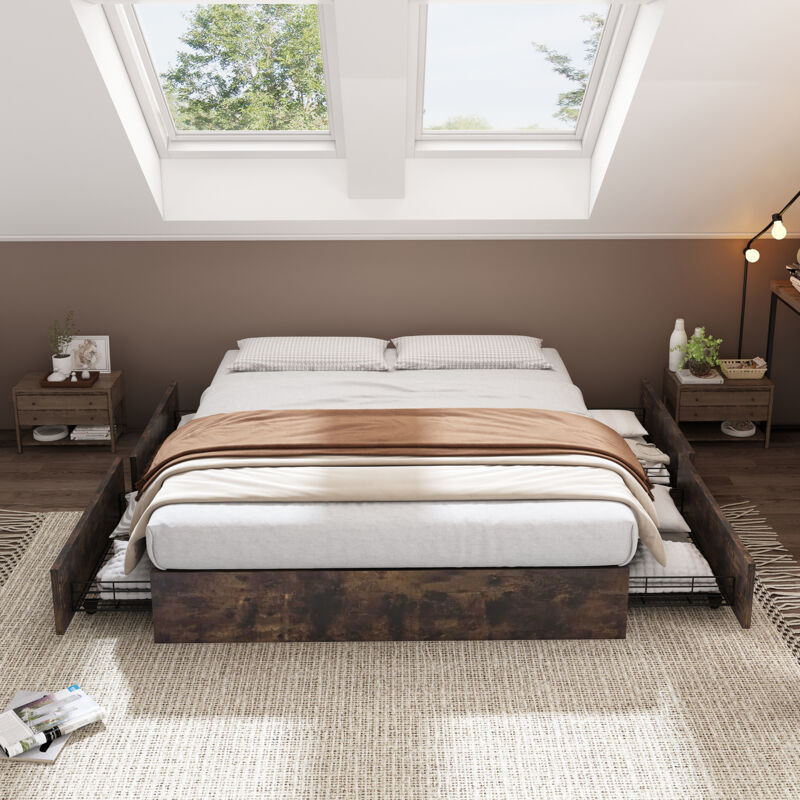 Redom - Lit plat, lit en métal, 140 x 200 cm, lit en fer, sans matelas, quatre tiroirs, sans tête de lit, marron foncé