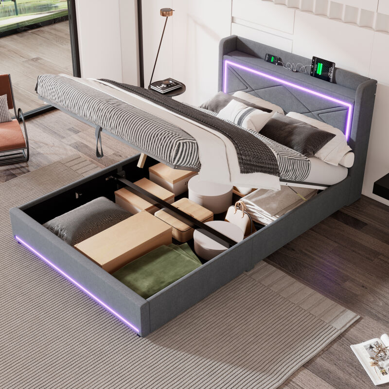 Okwish - Lit coffre 140x200 cm, lit double rembourré, lit adulte avec éclairage led, prise usb et espace de rangement, tissu en lin gris, sans matelas