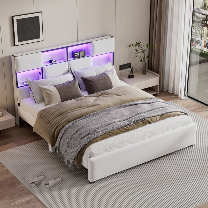 Okwish - Lit adulte 160x200 cm, lit double rembourré avec éclairage led, prise usb et multiples rangements, en tissu beige, sans matelas