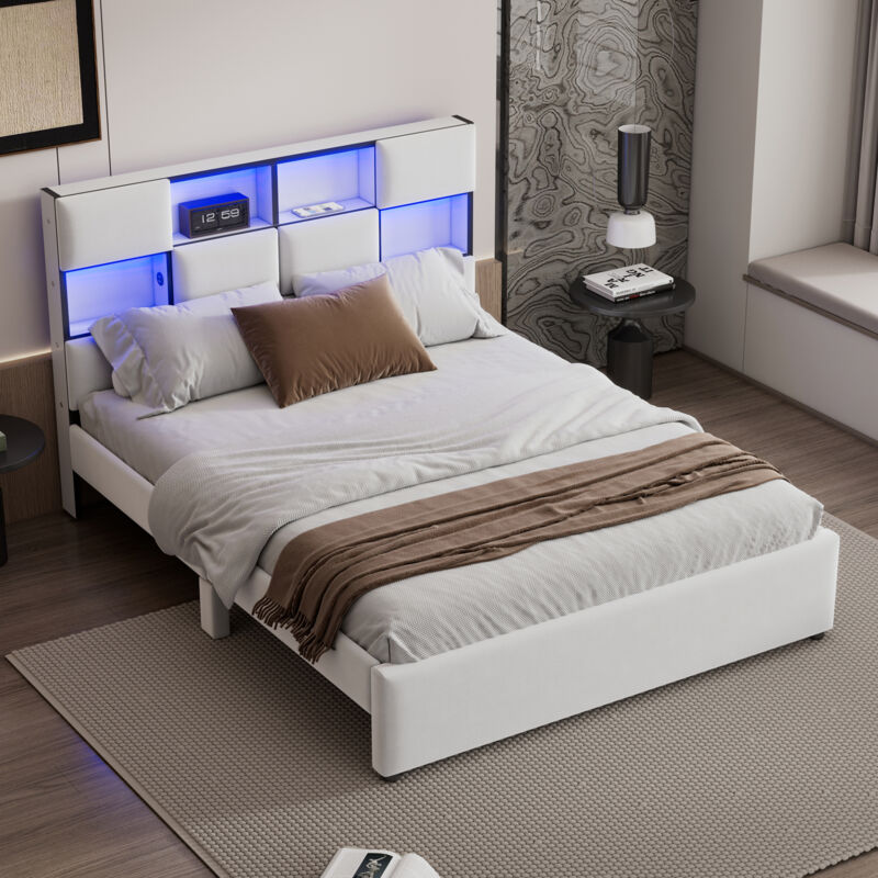 Okwish - Lit adulte 140x200 cm, lit double rembourré avec éclairage led, prise usb et multiples rangements, en tissu beige, sans matelas