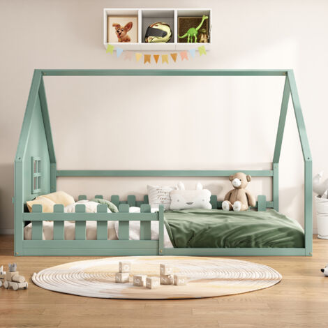 Lit plat,140200 cm,berceau,plinthe,rampe,bois de pin,vert