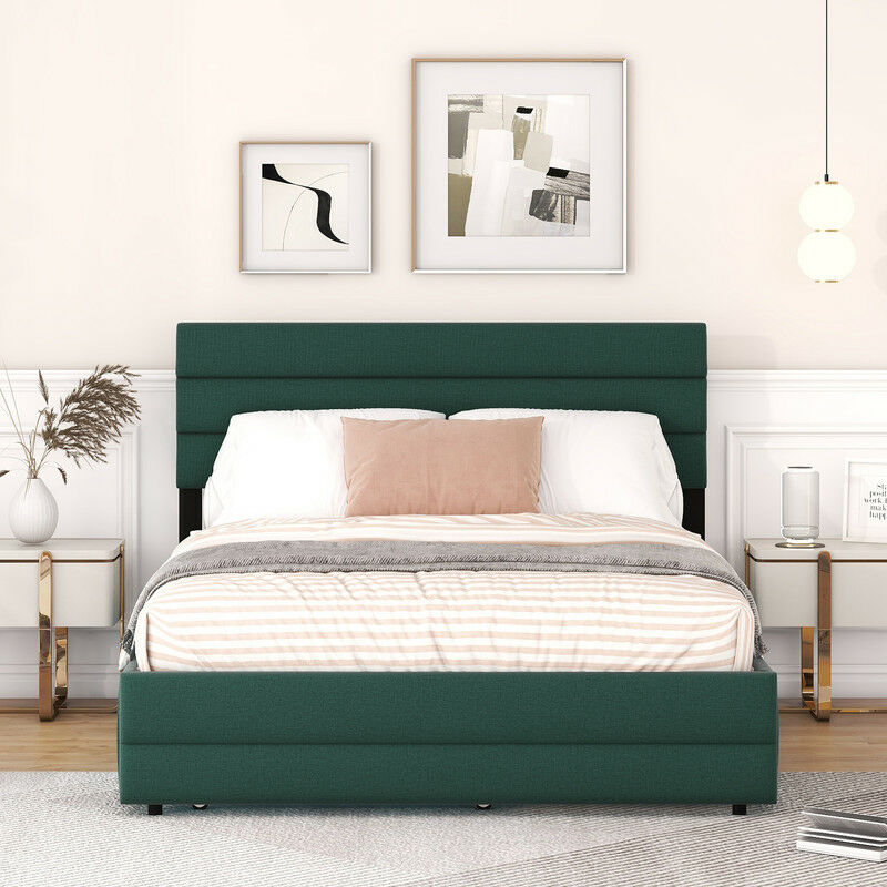 lit plateforme 140 x 200 avec lit coulissant et deux tiroirs, vert