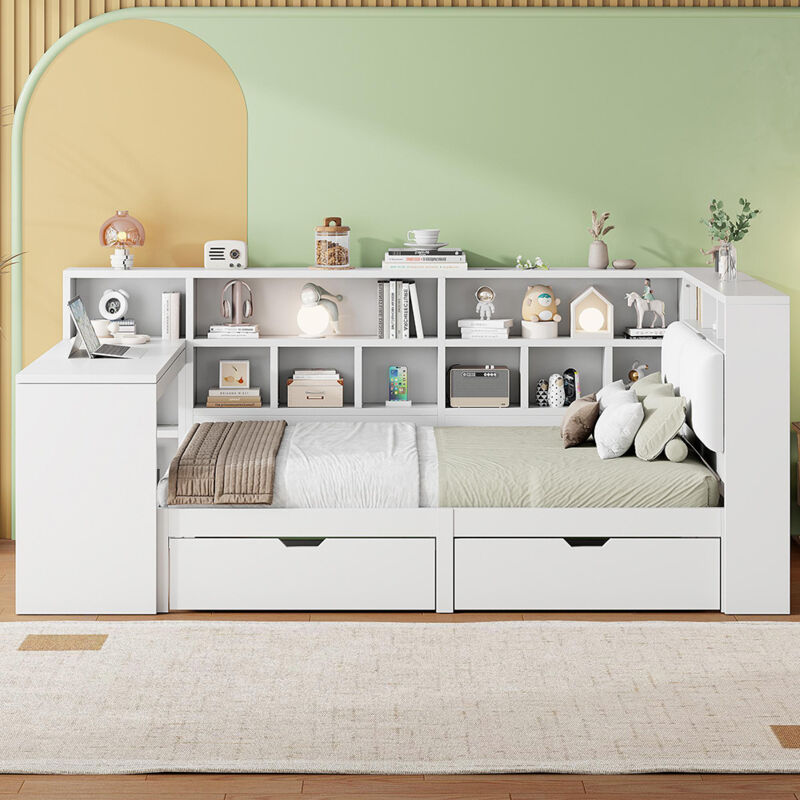 Lit plateforme 140 x 200 cm, avec bureau et étagère, tiroirs sous le lit, en bois, éclairage LED blanc