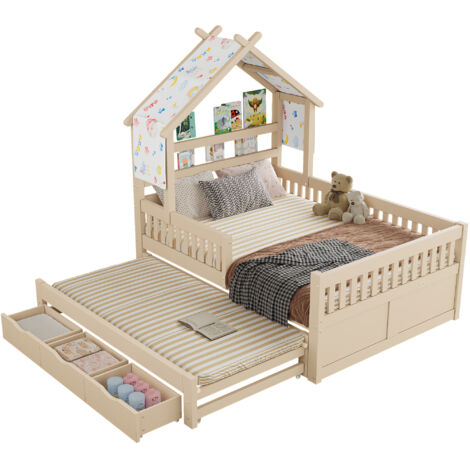 Lit plateforme 140x200 cm avec lit gigogne 3 tiroirs barrières de sécurité, lit enfant solution gain de place chambre enfant, structure bois, blanc