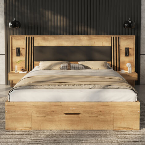 Lit Plateforme 160x200cm - 5 Rangements (Tiroir Étagères Tables de Nuit) - Tête de Lit PU - Spots LED 360° - Cadre MDF - Capacité 200kg - Naturel