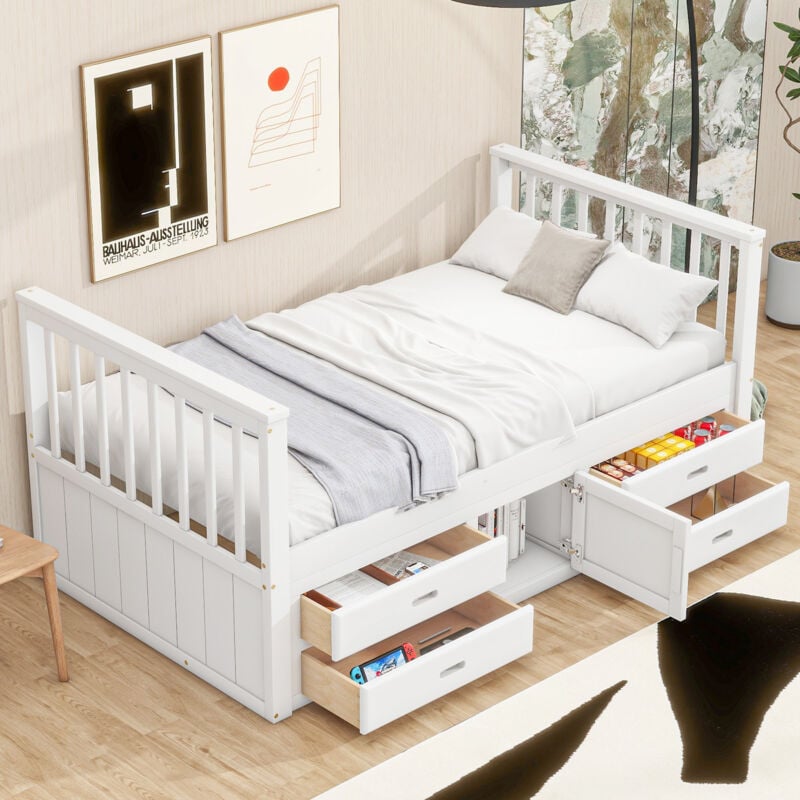 Okwish - Lit simple 90x200 cm, lit enfant, lit de repos avec 4 tiroirs et placard de rangement, en bois, blanc