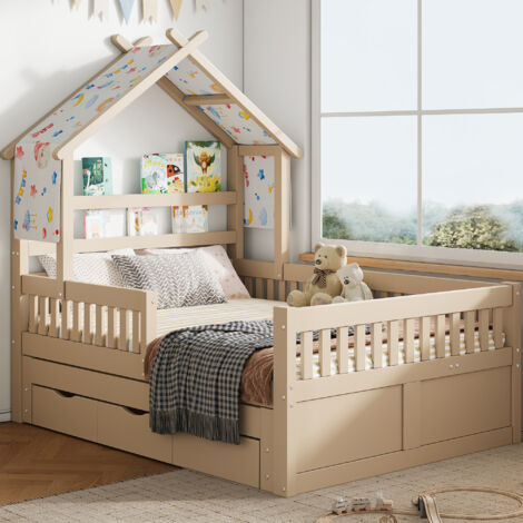 Lit plateforme en bois,en forme de maison,140 x 200 cm,avec lit lit extensible,3 tiroirs et barres de sécurité,Cream
