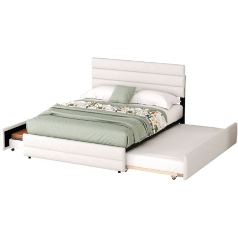 Lit plateforme en lin beige 140x200 cm avec tiroir-lit 90x190 cm et 2 tiroirs de rangement