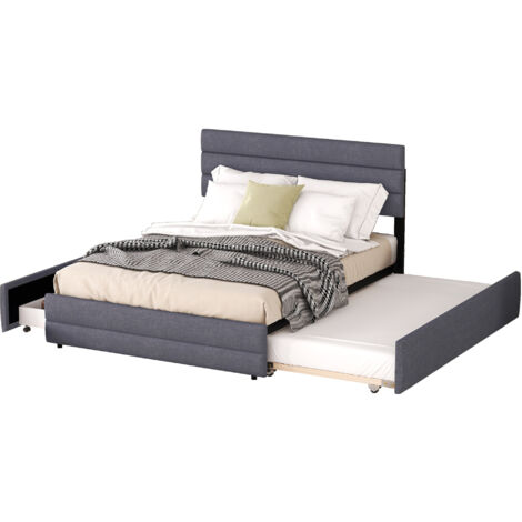 Lit plateforme en lin gris 140x200 cm avec lit gigogne 90x190 cm et 2 tiroirs de rangement