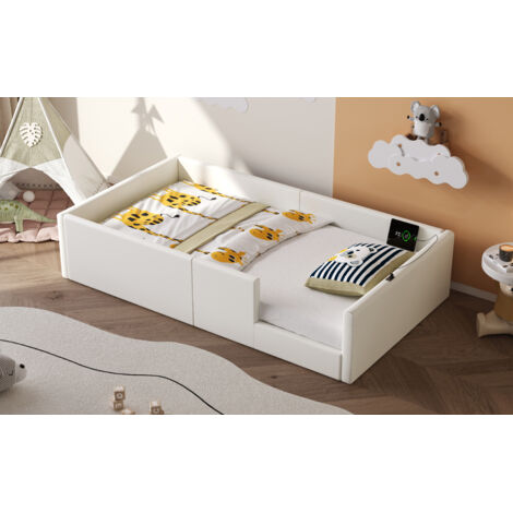 Lit plateforme rembourré avec barrière 90x200 blanc OKMYHOME