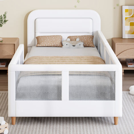 Lit plateforme rembourré simple 90x200cm blanc avec barrières de sécurité pour chambre d’enfant