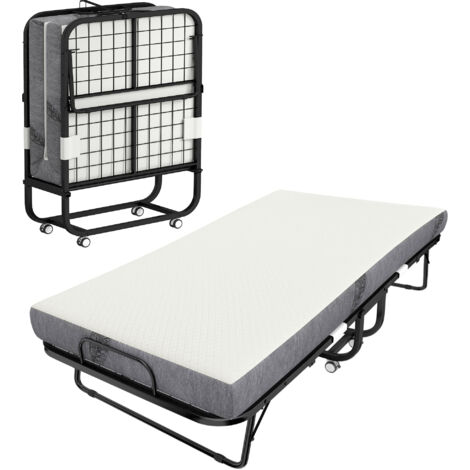 Lit pliant 1 personne 200 x 80 cm avec matelas. lit d'appoint pliable et portable sur roulettes. cadre en acier. blanc