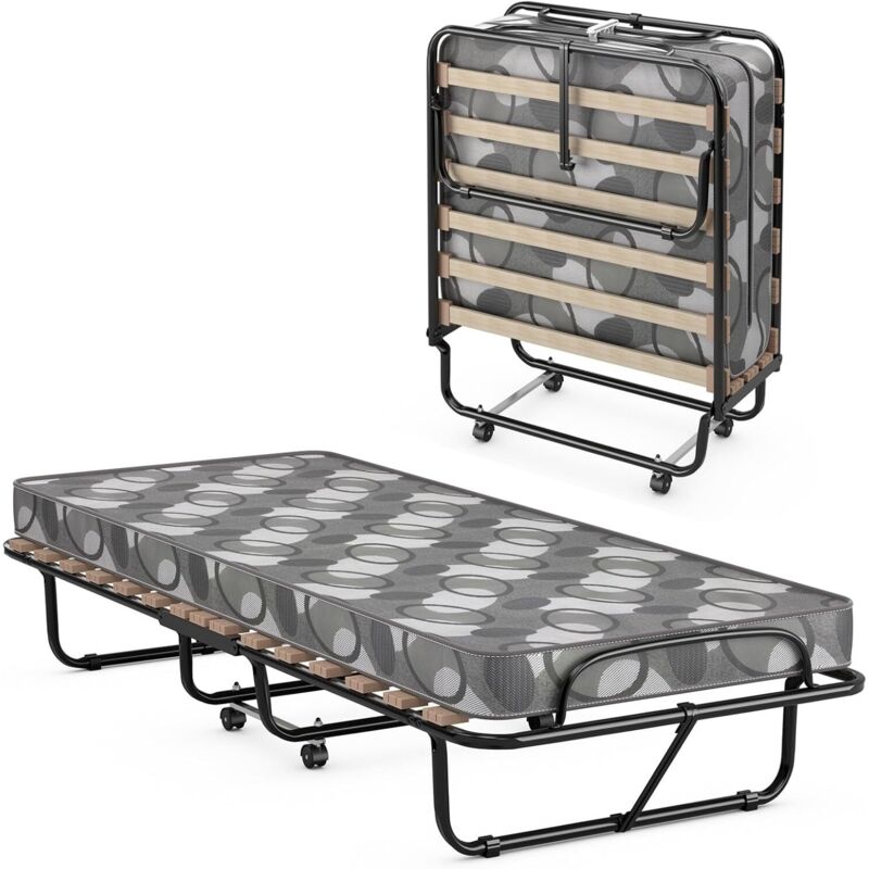 Costway - Lit Pliant 1 Personne Adulte 190x80 cm avec Matelas en Mémoire 6,5 cm, Charge 130 kg, 4 roulettes et Sommier à 15 Lattes, Gris
