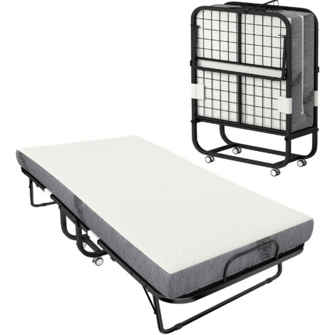 Lit pliant 1 place 200x80 cm avec matelas, lit d'appoint pliable et mobile sur roues, structure acier, blanc