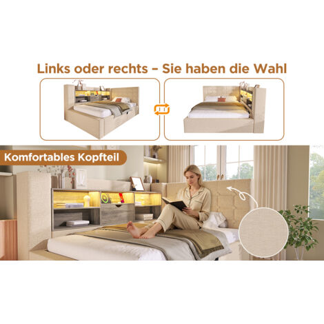 Lit pliant 140x200 cm, lit double, lumière LED, compartiments rangement hydrauliques, dessus forme L, sommier toile lin, montage latéral, couleur beige, sans matelas.