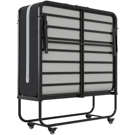 MSMASK Lit Pliant 90 x 200 cm, Lit Pliable Adulte avec Matelas en Mousse de 10 cm, Lit d'Appoint Pliable à 4 roulettes et Sommier à Lattes en Métal pour Invités, Charge 200 kg, Noir