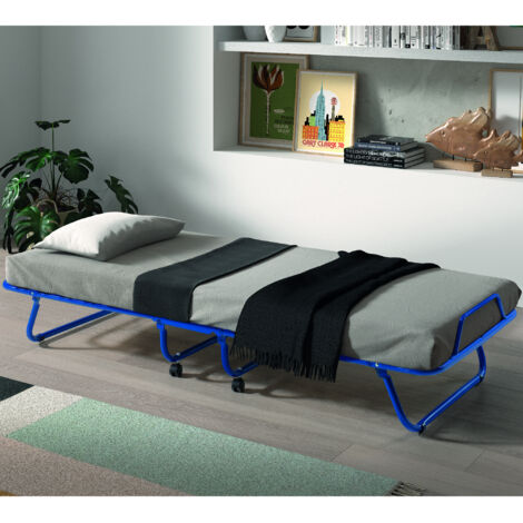 Lit pliant 90x200 cm en métal bleu avec matelas en mousse 9 cm