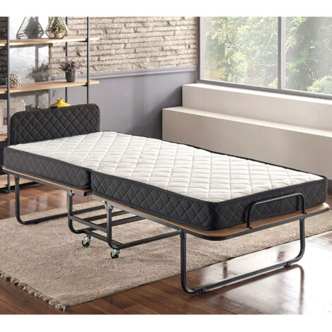 Lit pliant 90x200 cm en métal noir avec matelas de 15 cm