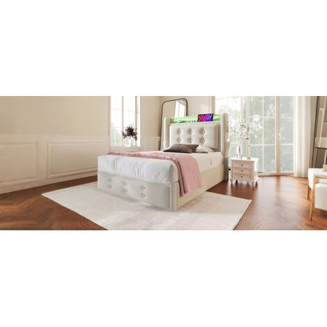 Lit pliant 90x200 cm, individuel avec tête de lit tissu et charge USB C. Lit hydraulique, sommier bois, cadre métallique, capacité 150 kg, beige, coton (sans matelas).