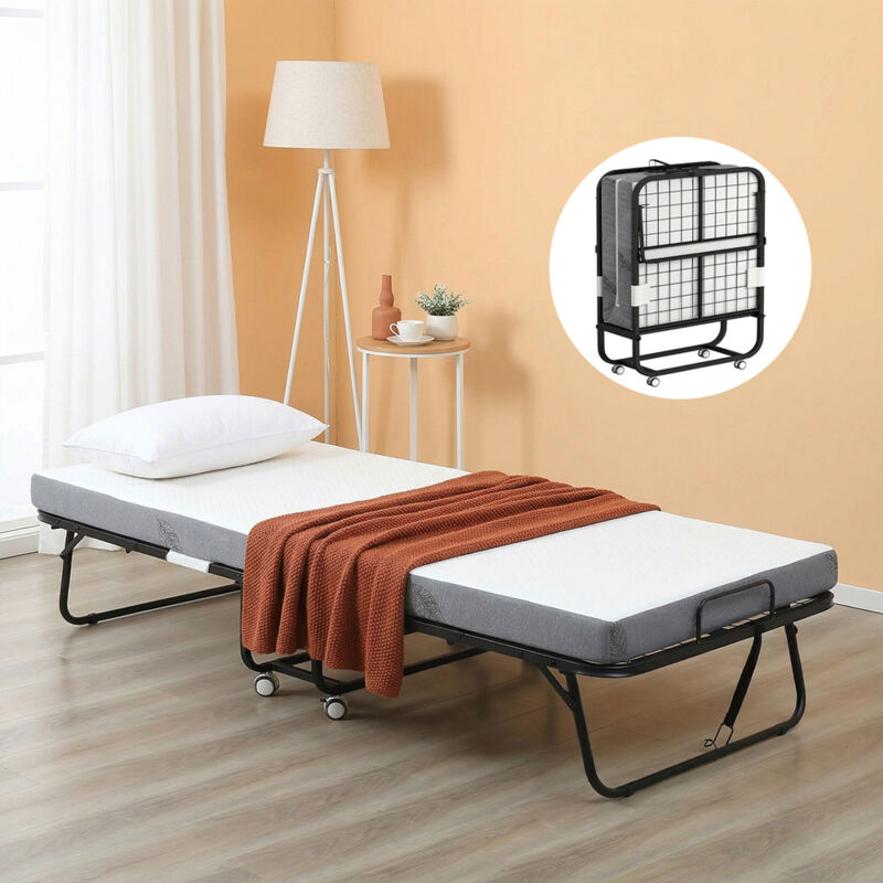 Lit Pliant Adultes 90X200 cm avec 13 cm Matelas en Mousse à mémoire de Forme métal, Lit pliants 1 Personne avec roulettes