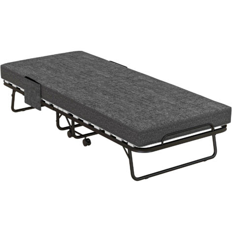 Lit pliant avec matelas, cadre métallique, 4 roulettes, capacité 150 kg, dimensions 190x80x42 cm, couleur gris foncé