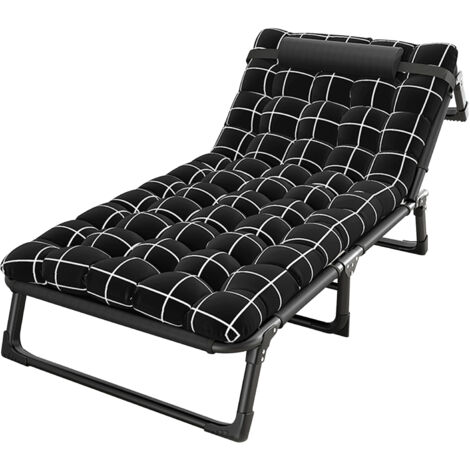 Lit pliant avec matelas et oreiller, réglage 4 positions, capacité de charge 200 kg, 190 × 75 × 30 cm, noir.