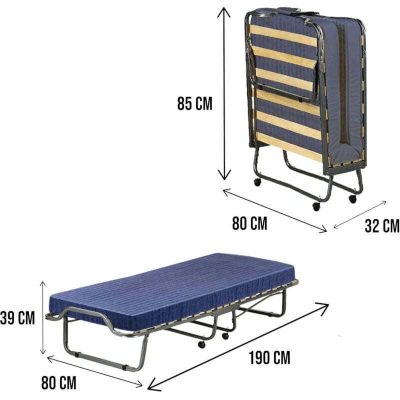 Lit pliant Dabambil, Lit pliant avec sommier à 15 lattes, Matelas inclus, Lit peu encombrant, 100% Made in Italy, 80x190h39 cm, Housse de protection