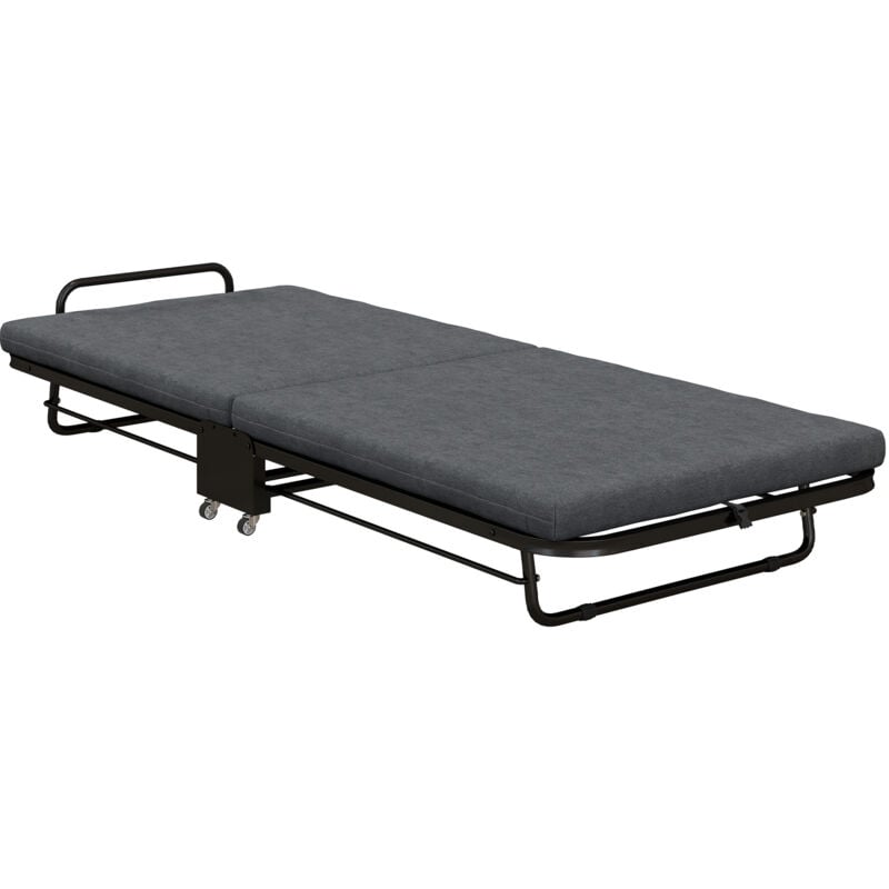 Homcom - Lit pliant d'appoint 1 personne - lit pliant sur sommier à roulettes - métal noir tissu gris