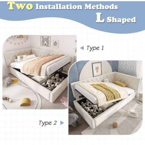 Lit pliant de jour 90x200 cm. Canapé convertible, espace de rangement hydraulique, pour enfants/adolescents. Structure et sommier en bois, tissu velours beige, pas de matelas.