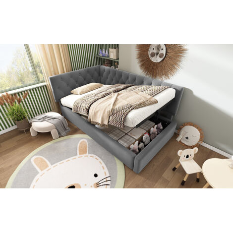 Lit pliant de jour 90x200 cm. Rangement hydraulique, cadre/sommier bois. Velours gris (sans matelas).