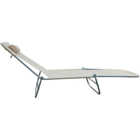 Lit pliant inclinable avec coussin, chaise longue de jardin, plage et camping, beige
