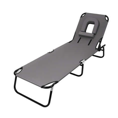 Lit pliant - lit de sieste, quatre angles réglables, oreiller amovible, avec ouverture pour le visage, 189×56×27 cm, gris.