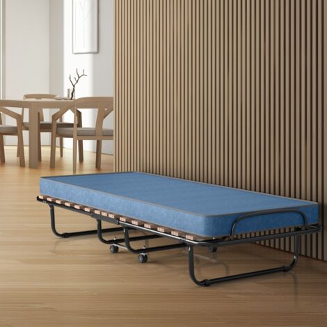 Lit Pliant sur Roulettes 190 x 80 x 33 CM Lit d'Appoint avec Matelas en Mousse 6,5 CM pour Maison et Bureau Noir+Bleu CW3585 Maison Chic
