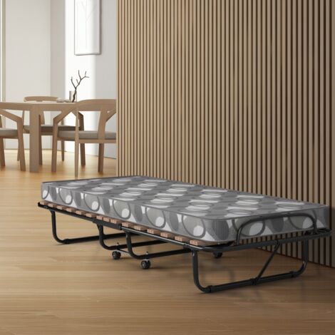 Lit Pliant sur Roulettes 190 x 80 x 33 CM Lit d'Appoint avec Matelas en Mousse 6,5 CM pour Maison et Bureau Noir+Gris