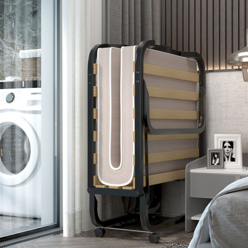 Lit Pliant sur Roulettes 90 x 200 x 41 cm Lit d'Appoint avec Matelas en Mousse 10 cm pour Maison et Bureau Beige design in