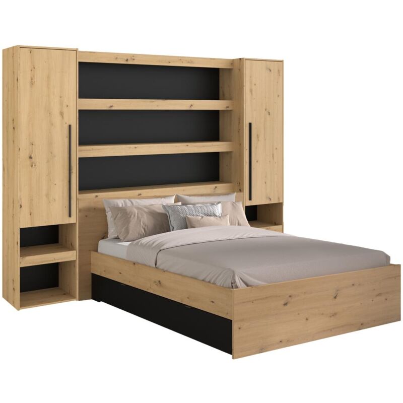 Vente-unique - Lit pont 140 x 190/200 cm avec rangements - Avec LEDs - Coloris : Naturel et noir - varly